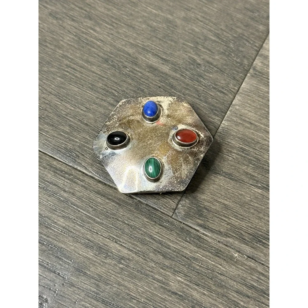 Vintage Taxco Sterling Silver 925 Brooch Lapis Onyx Malachite geometric Tarnish